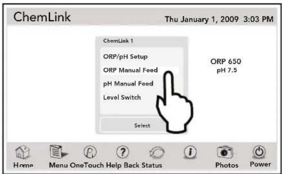 ChemLink Thu January 1, 2009 3:03 PM ChemLink 1 ORP/pH Setup ORP Manual Feed pH Manual Feed Level Switch Select ORP 650 pH 7.5 Home Menu OneTouch Help Back Status Photos Power