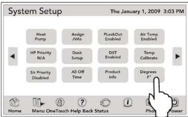 System Setup Thu January 1, 2009 3:03 PM Heat Pump Assign JVs PLockOut Enabled Air Temp Enabled HP Priority N/A Dusk Setup DST Enabled Temp Calibrate Sir Priority Disabled All Off Time Product Info Degrees F° Home Menu OneTouch Help Back Status Phone Power