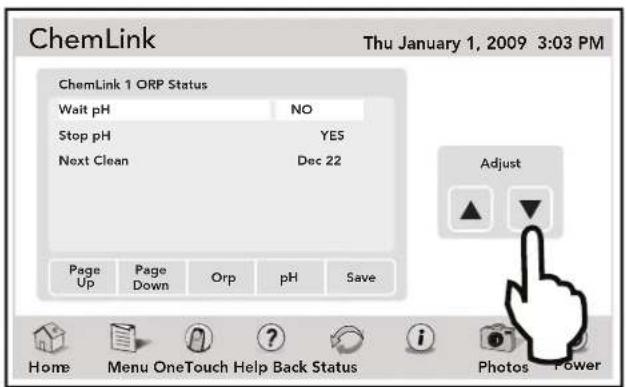 ChemLink Thu January 1, 2009 3:03 PM ChemLink 1 ORP Status Wait pH NO Stop pH YES Next Clean Dec 22 Page Up Page Down Orp pH Save Adjust Home Menu OneTouch Help Back Status Photos Power