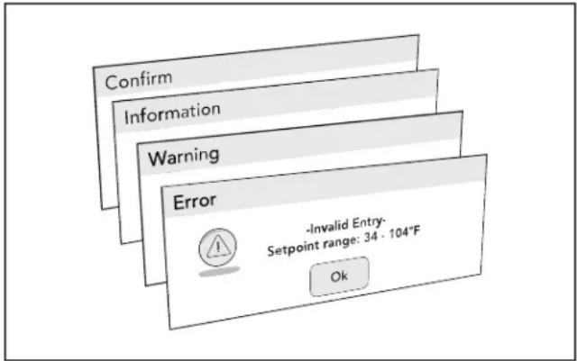 Confirm Information Warning Error -Invalid Entry- Setpoint range: 34 - 104°F Ok