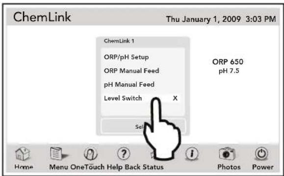 ChemLink Thu January 1, 2009 3:03 PM ChemLink 1 ORP/pH Setup ORP Manual Feed pH Manual Feed Level Switch X Self ORP 650 pH 7.5 Home Menu OneTouch Help Back Status Photos Power