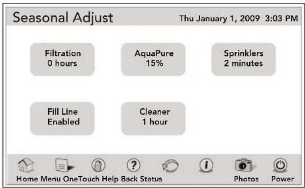 Seasonal Adjust Thu January 1, 2009 3:03 PM Filtration 0 hours AquaPure 15% Sprinklers 2 minutes Fill Line Enabled Cleaner 1 hour Home Menu OneTouch Help Back Status i Photos Power