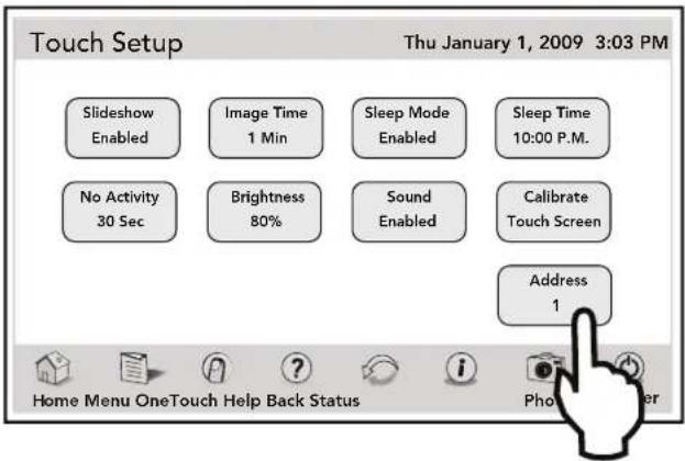 Touch Setup Thu January 1, 2009 3:03 PM Slideshow Enabled Image Time 1 Min Sleep Mode Enabled Sleep Time 10:00 P.M. No Activity 30 Sec Brightness 80% Sound Enabled Calibrate Touch Screen Address 1 Home Menu OneTouch Help Back Status Phot