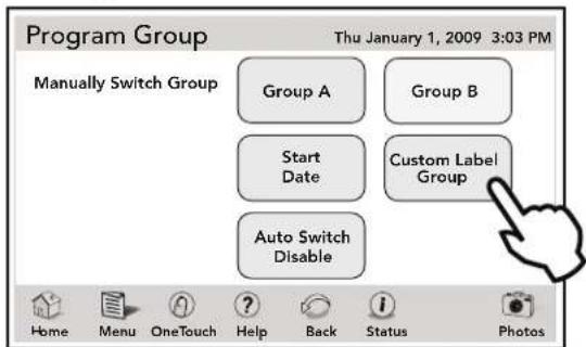 Program Group Thu January 1, 2009 3:03 PM Manually Switch Group Group A Group B Start Date Custom Label Group Auto Switch Disable Home Menu OneTouch Help Back Status Photos