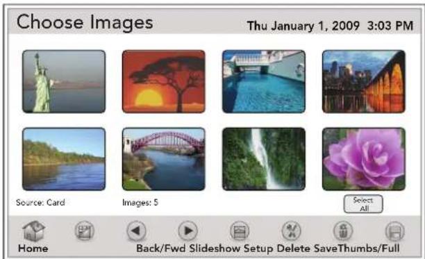 Choose Images Thu January 1, 2009 3:03 PM Source: Card Images: 5 Select All Home Back/Fwd Slideshow Setup Delete SaveThumbs/Full
