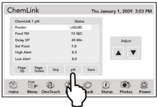 ChemLink Thu January 1, 2009 3:03 PM ChemLink 1 pH Status Feeder LIQUID Feed TM 15 SEC Delay OT 45 Min Set Point 7.0 High Alert 8.0 Low Alert 8.0 Page Up Page Down Orp pH Save Adjust Home Menu OneTouch Back Status Photos Power