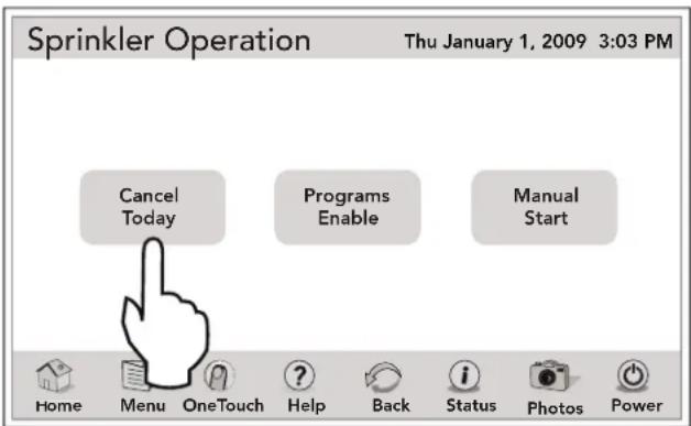 Sprinkler Operation Thu January 1, 2009 3:03 PM Cancel Today Programs Enable Manual Start Home Menu OneTouch Help Back Status Photos Power