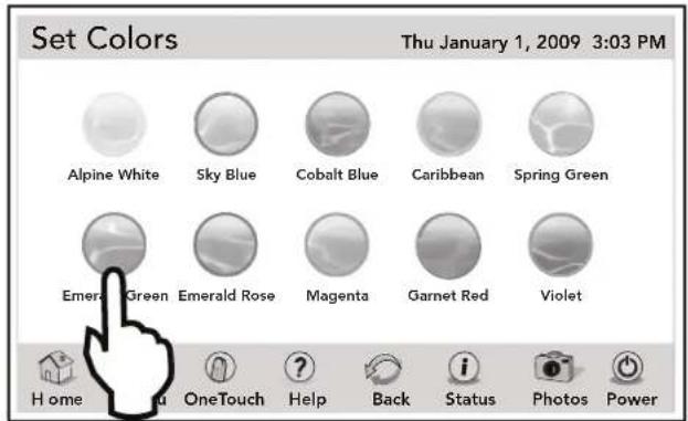 Set Colors Thu January 1, 2009 3:03 PM Alpine White Sky Blue Cobalt Blue Caribbean Spring Green Emerald Green Emerald Rose Magenta Garnet Red Violet Home OneTouch Help Back Status Photos Power