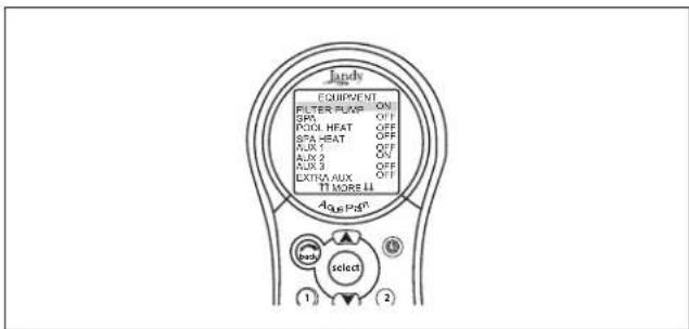 Junds EQUIPMENT FILTER PUMP ON/ SPA OFF POOL HEAT OFF SPA-BAT OFF AUX 1 OFF AUX 2 ON AUX 3 OFF EXTRA AUX OFF TI MORE LL Augs Pin® select 1 2