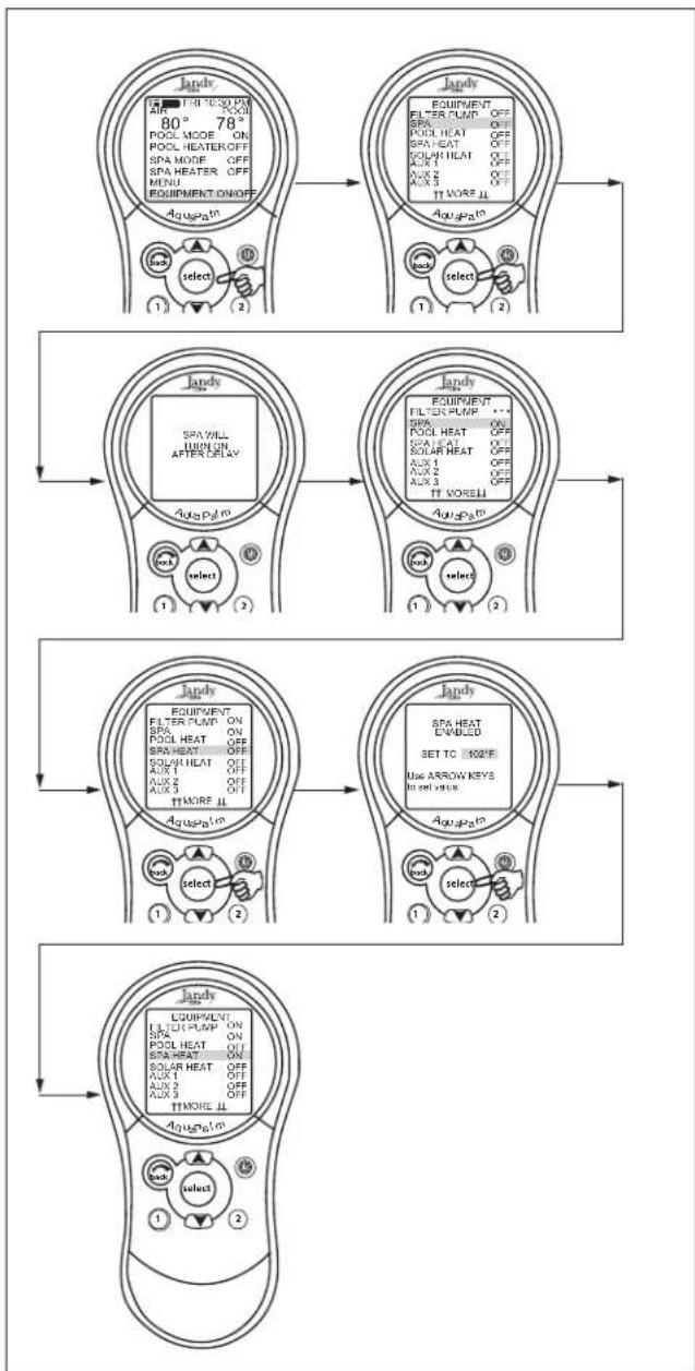 Jandy AquaLink Wireless Remote - EQUIPMENT ON/OFF > SPA > SPA HEAT > (Set to Desired Temperature) - 1