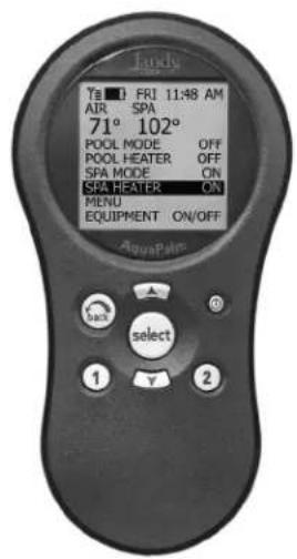 Lucky Tel: 0 FRI 11:48 AM AIR SPA 71° 102° POOL MODE OFF POOL HEATER OFF SPA MODE ON SPA HEATER ON MENU EQUIPMENT ON/OFF AquaPalm select
