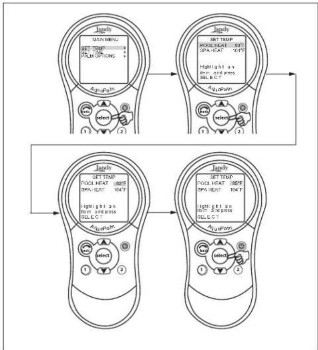 Jandy AquaLink Wireless Remote - MENU > SET TEMP > POOL or SPA > SET TEMP VALUE - 1