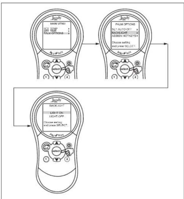 Jandy AquaLink Wireless Remote - MENU > PALM OPTIONS > BACKLIGHT - 1