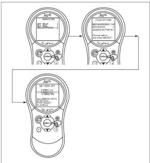 Jandy AquaLink Wireless Remote - MENU > PALM OPTIONS > SET AUTO-OFF > Set Time - 1
