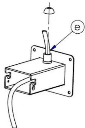 Technical line drawing of a mechanical device with a bulb, labeled 'e' (no text or symbols beyond label)