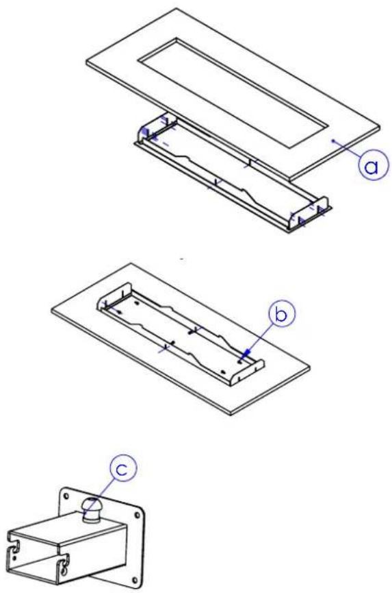 Technical diagram showing three views of a mechanical or electrical component with labeled parts (a, b, c)