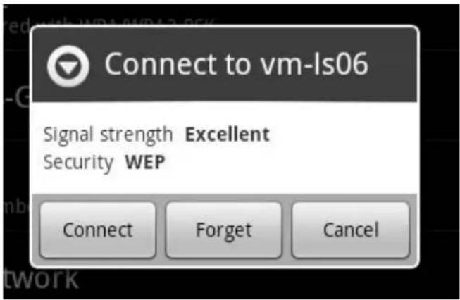 Connect to vm-ls06 Signal strength Excellent Security WEP Connect Forget Cancel