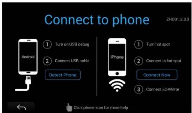 Connect to phone 2HD01 3.3.3 ① Turn on USB debug ② Connect USB cable Detect Phone ① Turn hot spot ② Connect to hot spot Connect Now ③ Connect EC-Mirror Click phone icon for more help