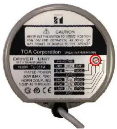 CAUTION NEVER SET THE SWITCH TO "LEED" POSITION FOR 124V USE OPERATION AS DOING NC MAY REFAT IN DAMAGE TO THE SPENEER TCA Corporation MADE FOR MAXIMUM DRIVER UNIT W/TS TRANSFER MODEL TL-651M PATED POWER 50W (MAX.75W) HORN COUP JING 1-3dB"-IE THREADS 7.5W (MAX.75W) 7.5W (MAX.75W) 7.5W (MAX.75W)