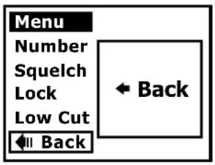 Menu Number Squelch Lock Low Cut ← Back ← Back