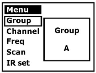 Menu Group Channel Freq Scan IR set Group A