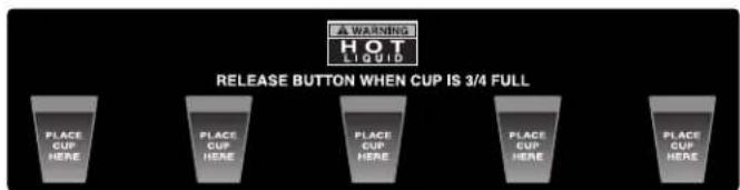WARNING HOT LIQUID RELEASE BUTTON WHEN CUP IS 3/4 FULL PLACE CUP HERE PLACE CUP HERE PLACE CUP HERE PLACE CUP HERE PLACE CUP HERE