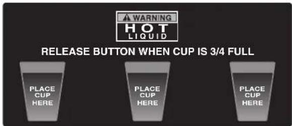 WARNING HOT LIQUID RELEASE BUTTON WHEN CUP IS 3/4 FULL PLACE CUP HERE PLACE CUP HERE PLACE CUP HERE