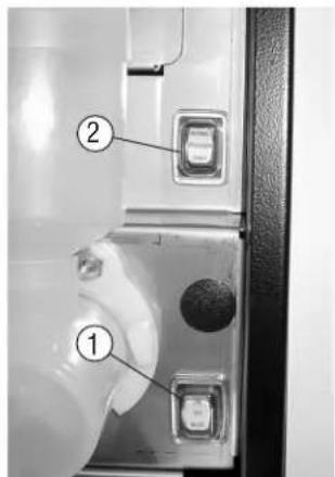 Diagram of a refrigerator interior with labeled parts 1 and 2, showing front and side views.