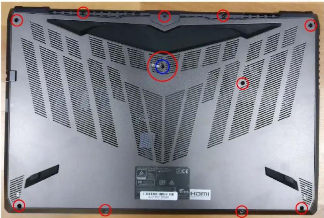 Laptop back panel with red annotations highlighting features such as screw, ventilation slots, and mounting points.
