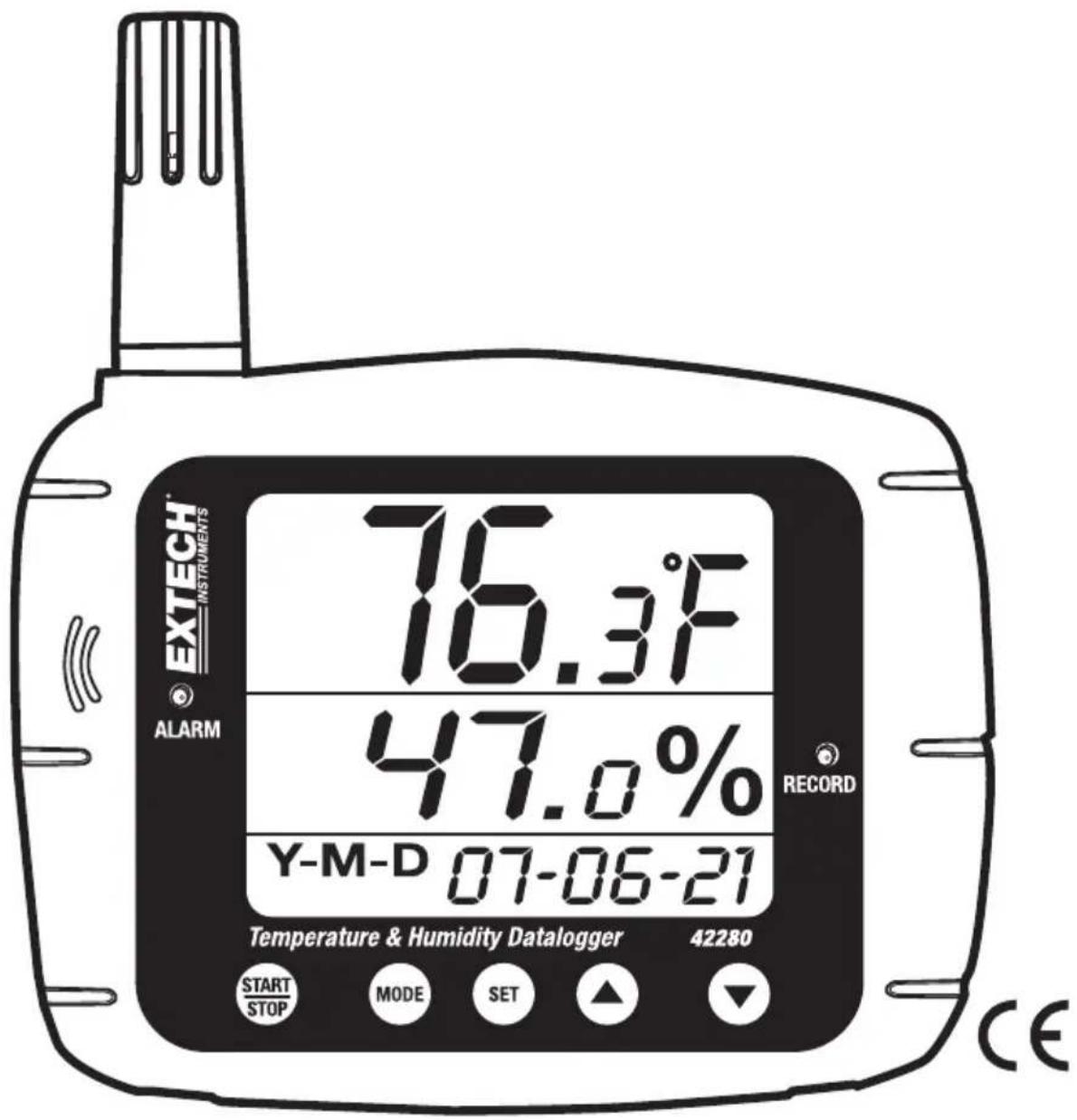 EXTECH INSTRUMENTS ALARM 76.3°F 47.0% Y-M-D 07-06-21 Temperature & Humidity Datalogger 42280 START STOP MODE SET ▲ CE