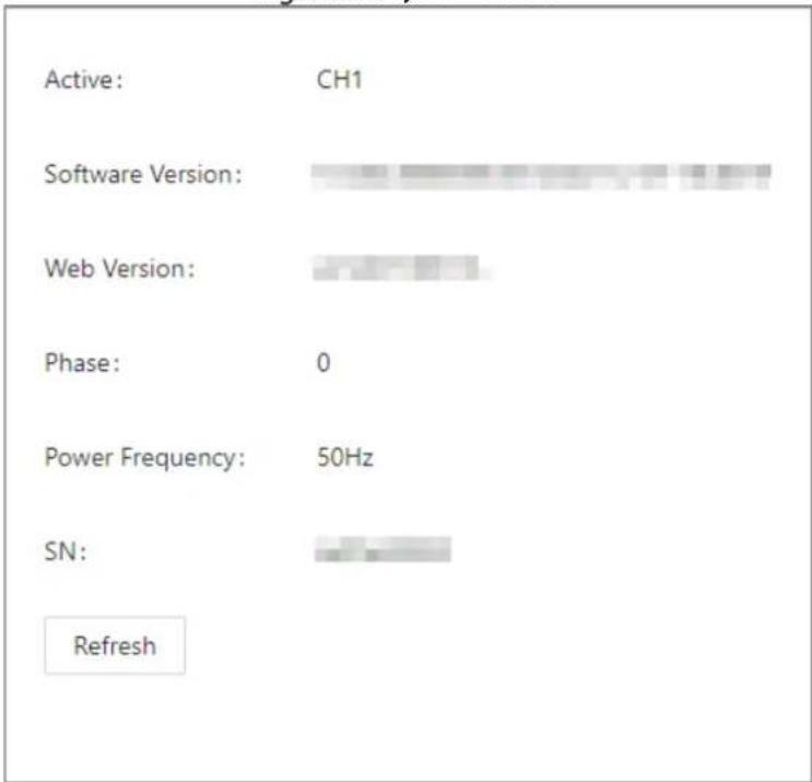 Active: CH1 Software Version: Web Version: Phase: 0 Power Frequency: 50Hz SN: Refresh