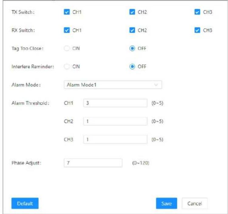 TX Switch: ✓ CH1 ✓ CH2 ✓ CH3 RX Switch: ✓ CH1 ✓ CH2 ✓ CH3 Tag Too Close: ○ ON ● OFF Interfere Reminder: ○ ON ● OFF Alarm Mode: Alarm Mode1 Alarm Threshold: CH1 3 (0~5) CH2 1 (0~5) CH3 1 (0~5) Phase Adjust: 7 (0~120) Default Save Cancel