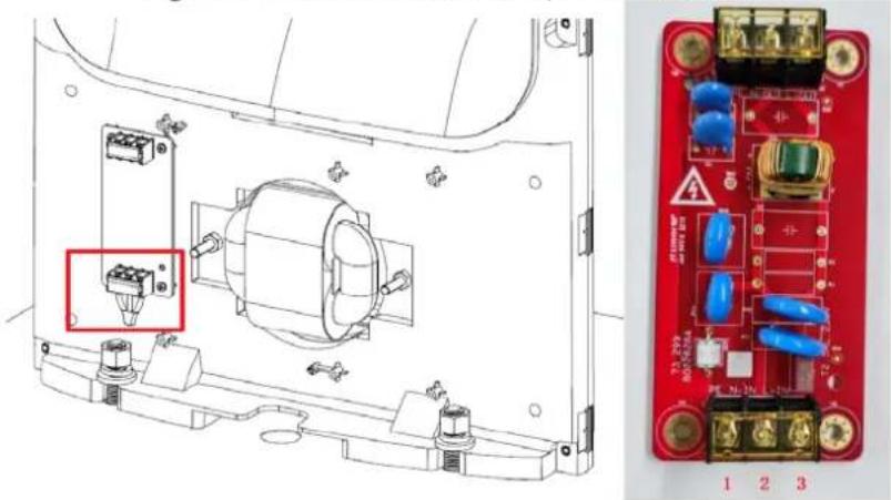 Technical diagram showing internal components of a device with labeled parts and a close-up of the red circuit board with numbered terminals.