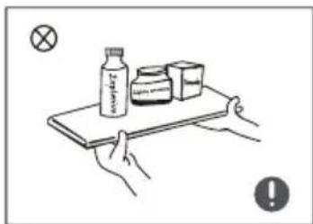 Illustration showing hands holding a tray with a bottle, boxes, and a cross symbol, indicating a warning or rejection scenario.