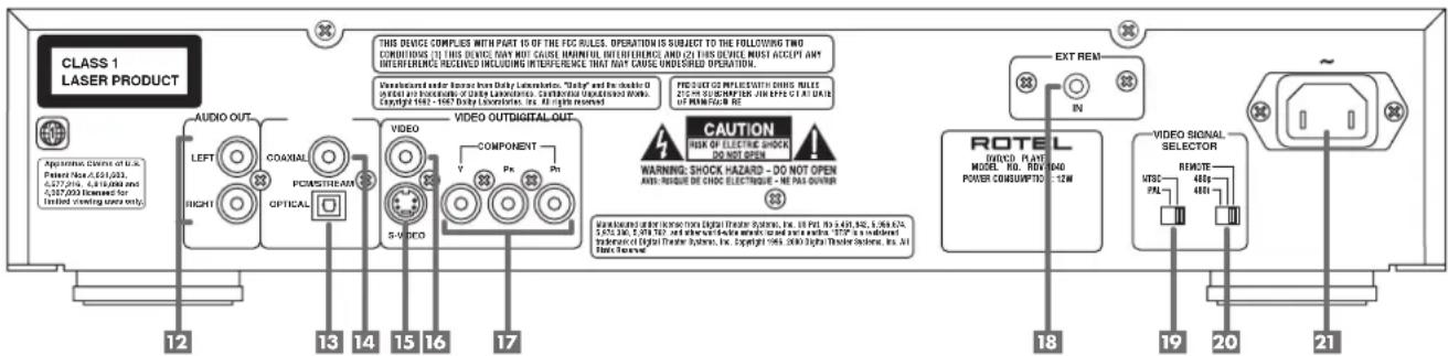 CLASS 1 LASER PRODUCT Aperture, Clamps of U.S. Patient No: A 631,023, 6,577,016, 4,818,000 and 6,577,000 licensed for limited viewing users only. AUDIO OUT LEFT RIGHT COAXIAL PCMSSTREAM OPTICAL VIDEO S-VIDEO VIDEO OUTDIGITAL OUT COMPONENT Y Pn Pn THIS DEVICE COMPLIES WITH PART IS OF THE FEC RULES. OPERATION IS SUBJECT TO THE FOLLOWING TWO CONDITIONS (3) THIS DEVICE MAY NOT CAUSE UNINTFUL INTERFERENCE AND (2) THIS DEVICE MUST ACCEPT ANY INTERFERENCE RECEIVED INCLUDING INTERFERENCE THAT MAY CAUSE UNDISSED OPERATION. Manufactured under license from Daily Lumination, "Daily" and the double 0 condition and manufacturer of Digital Locomotive. Conventional undetected mode. Copyright from 1940 Digital Locomotive, Inc. All rights reserved. PRODUCTS IMPLEMENTS WITH CHIPS RULES 21C PRC SUBCOMPETERS, JIM EFFECT CTAU DATE OF REMAINING RE. WARNING: SHOCK HAZARD - DO NOT OPEN AND: MAQUE DE CHOC ELECTRIQUE - ME PAI QUINION CAUTION RISK OF ELECTRIC SHOCK DO NOT OPEN WARNING: SHOCK HAZARD - DO NOT OPEN AND: MAQUE DE CHOC ELECTRIQUE - ME PAI QUINION EXT REM- IN ROTEL SHAKED PLANT MODEL NO. RD 1040 POWER CONSUMPTIC 12W VIDEO SIGNAL SELECTOR VISC- PAL REMOTE- 48p- 48H+ 18 19 20 21