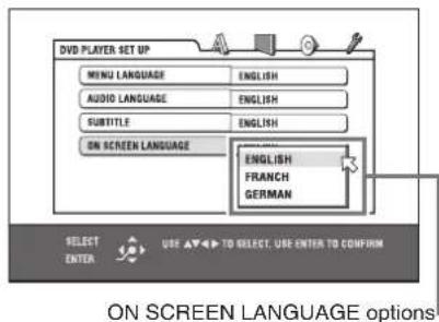 DVD PLAYER SET UP MENU LANGUAGE ENGLISH AUDIO LANGUAGE ENGLISH SUBTITLE ENGLISH ON SCREEN LANGUAGE ENGLISH FRANCH GERMAN SELECT ENTER USE ▲▼▶ TO SELECT. USE ENTER TO CONFIRM ON SCREEN LANGUAGE options
