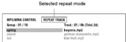 Selected repeat mode MP3/WMA CONTROL REPEAT TRACK Group : 01 / 10 Track : 01 / 06 (Total 28) spring begonia.mp3 somer german.chamomile.mp3 fall kiw fruit.mp3