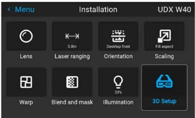 Menu Installation UDX W40 Lens Laser ranging Desktop front Fill aspect Orientation Scaling Warp Blend and mask Illumination 33% 3D Setup