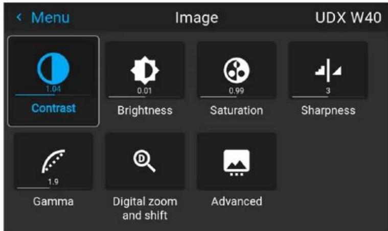 < Menu 1.04 Contrast Image UDX W40 Brightness 0.01 Saturation 0.99 Sharpness 1.9 Gamma Digital zoom and shift Advanced