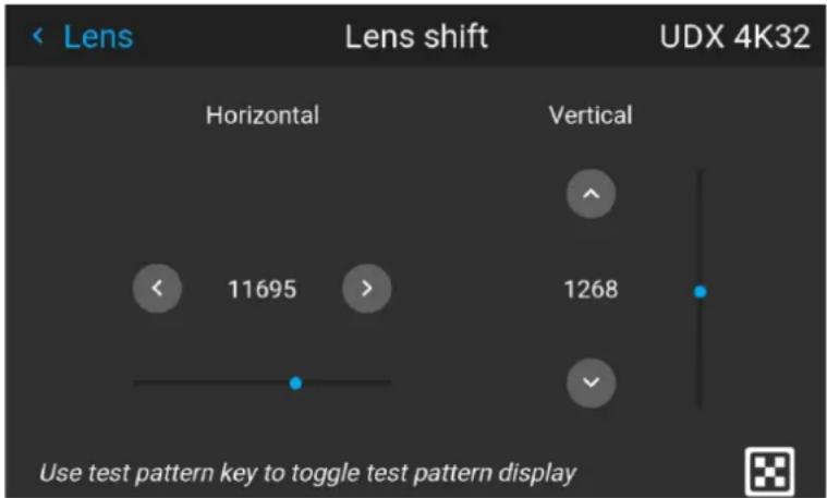 Lens Lens shift UDX 4K32 Horizontal Vertical 11695 1268 Use test pattern key to toggle test pattern display
