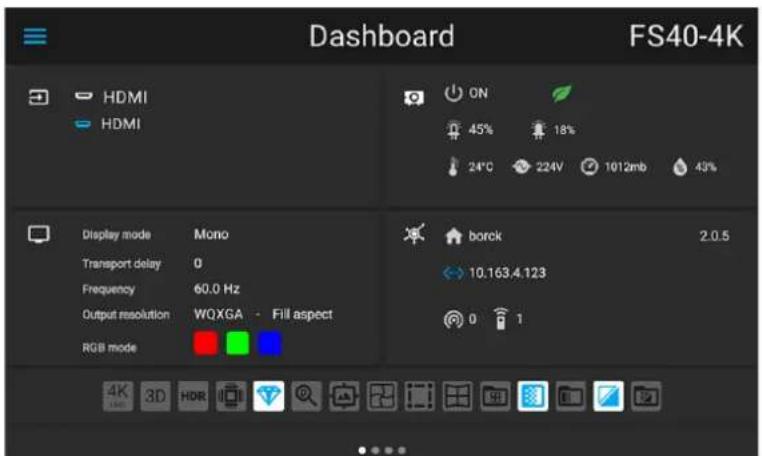 Dashboard FS40-4K HDMI HDMI ON 45% 18% 24°C 224V 1012mb 43% Display mode Mono Transport delay 0 Frequency 60.0 Hz Output resolution WQXGA - Fill aspect RGB mode borck 2.0.5 10.163.4.123 0 1 4K 3D HDR