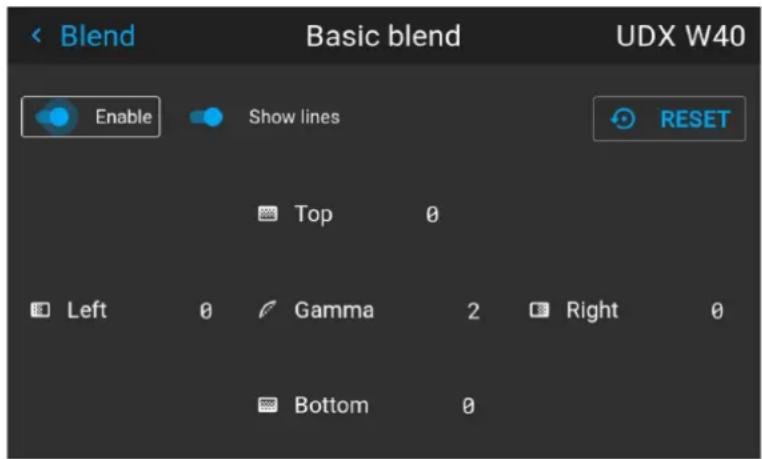 Blend Basic blend UDX W40 Enable Show lines RESET Top 0 Left 0 Gamma 2 Right 0 Bottom 0