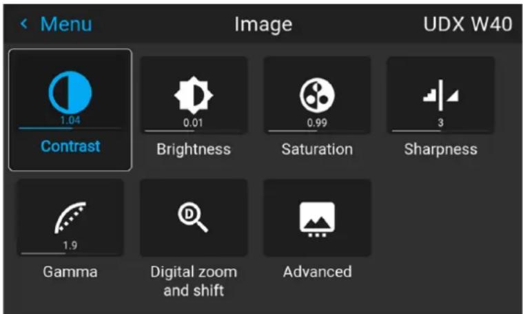 < Menu 1.04 Contrast 0.01 Brightness 0.99 Saturation Sharpness 3 Gamma 1.9 Digital zoom and shift Advanced Image UDX W40