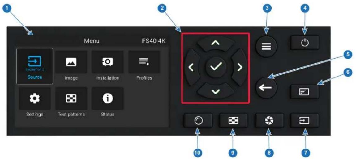 Menu FS40-4K 1 2 3 4 5 6 ImagePort 2 Source Image Installation Profiles Settings Test patterns Status 10 9 8 7