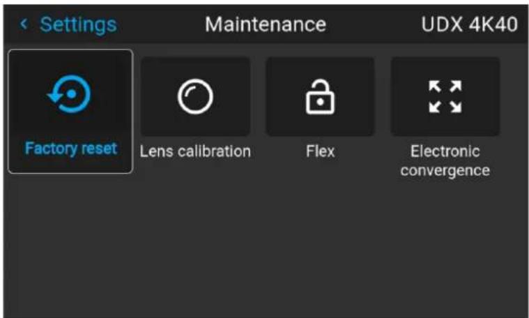 Settings Maintenance UDX 4K40 Factory reset Lens calibration Flex Electronic convergence