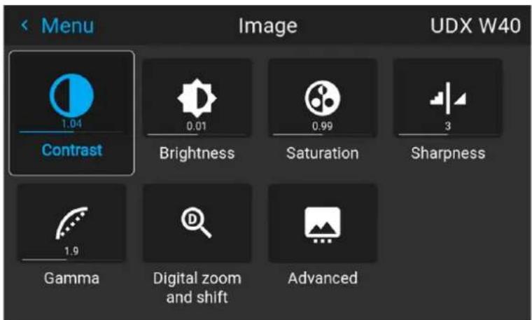 < Menu Image UDX W40 Contrast 0.01 Brightness Saturation Sharpness Gamma Digital zoom and shift Advanced