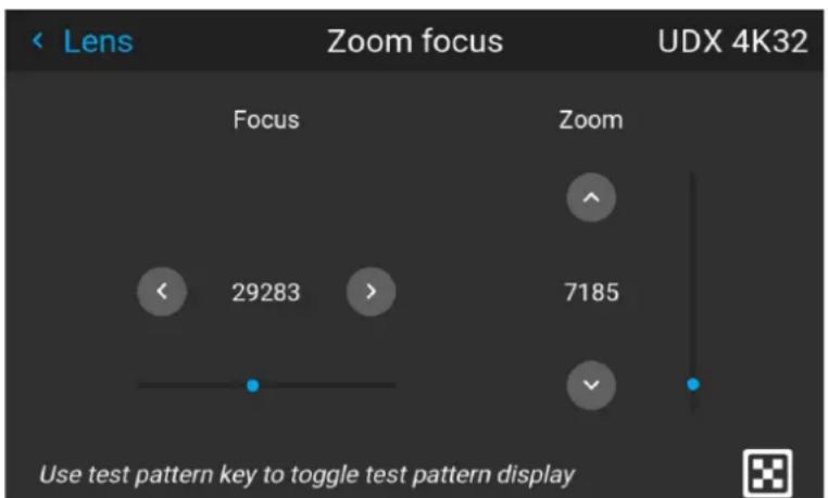 Lens Zoom focus UDX 4K32 Focus Zoom 29283 7185 Use test pattern key to toggle test pattern display
