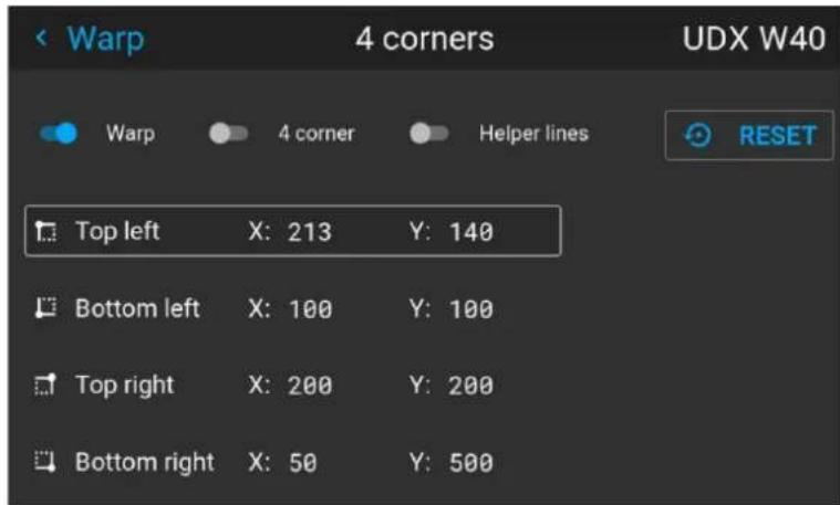 Warp 4 corners UDX W40 Warp 4 corner Helper lines RESET Top left X: 213 Y: 140 Bottom left X: 100 Y: 100 Top right X: 200 Y: 200 Bottom right X: 50 Y: 500