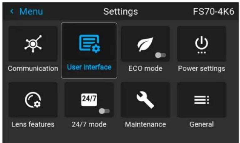 Menu Settings FS70-4K6 Communication User Interface ECO mode Power settings Lens features 24/7 mode Maintenance General
