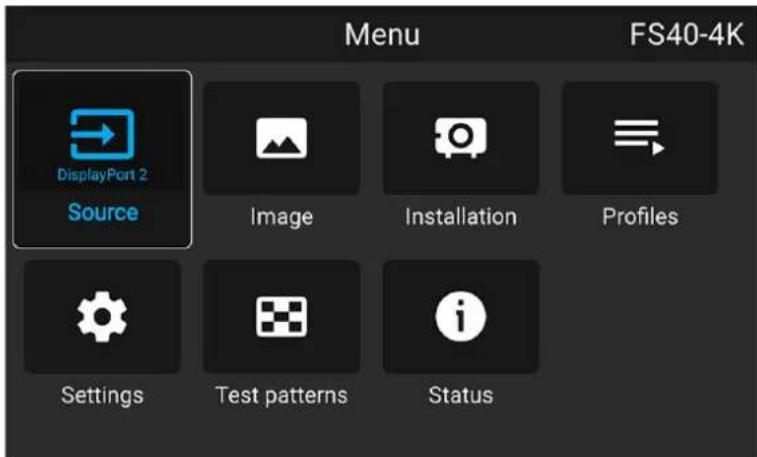 Menu FS40-4K DisplayPort 2 Source Image Installation Profiles Settings Test patterns Status